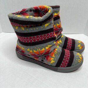 Tigerbear Republik Aztec Southwestern Knit Slipper Ankle Boots Fleece Lined 8.5